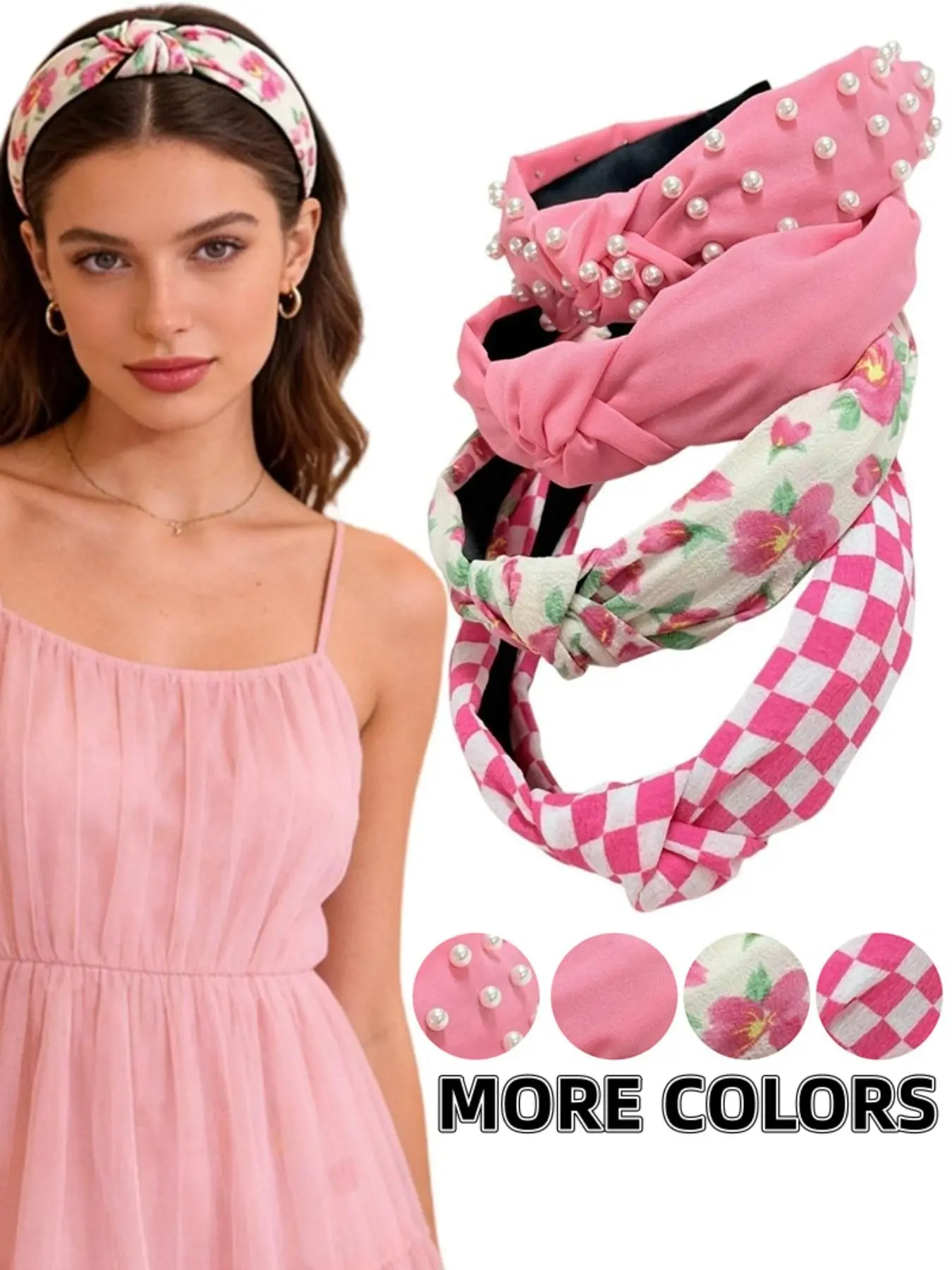 4pcs Elegant Faux Pearl Fabric Hairbands, Fashion Headbands, Rose Plaid & Solid Color Floral Print Knot Headbands, All Seasons Women's Accessories