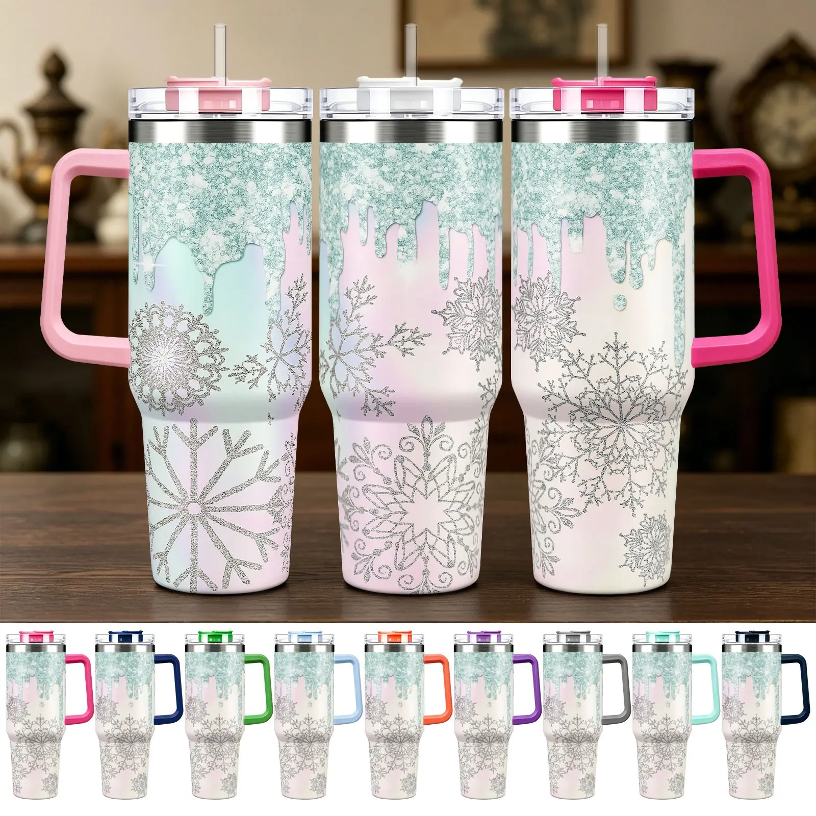 Snowflake Print Vacuum Ice Cup, 40oz Stainless Steel, Leak-Proof Lid with Straw, Ergonomic Handle, Ideal for Commute, Fitness, Coffee Lovers
