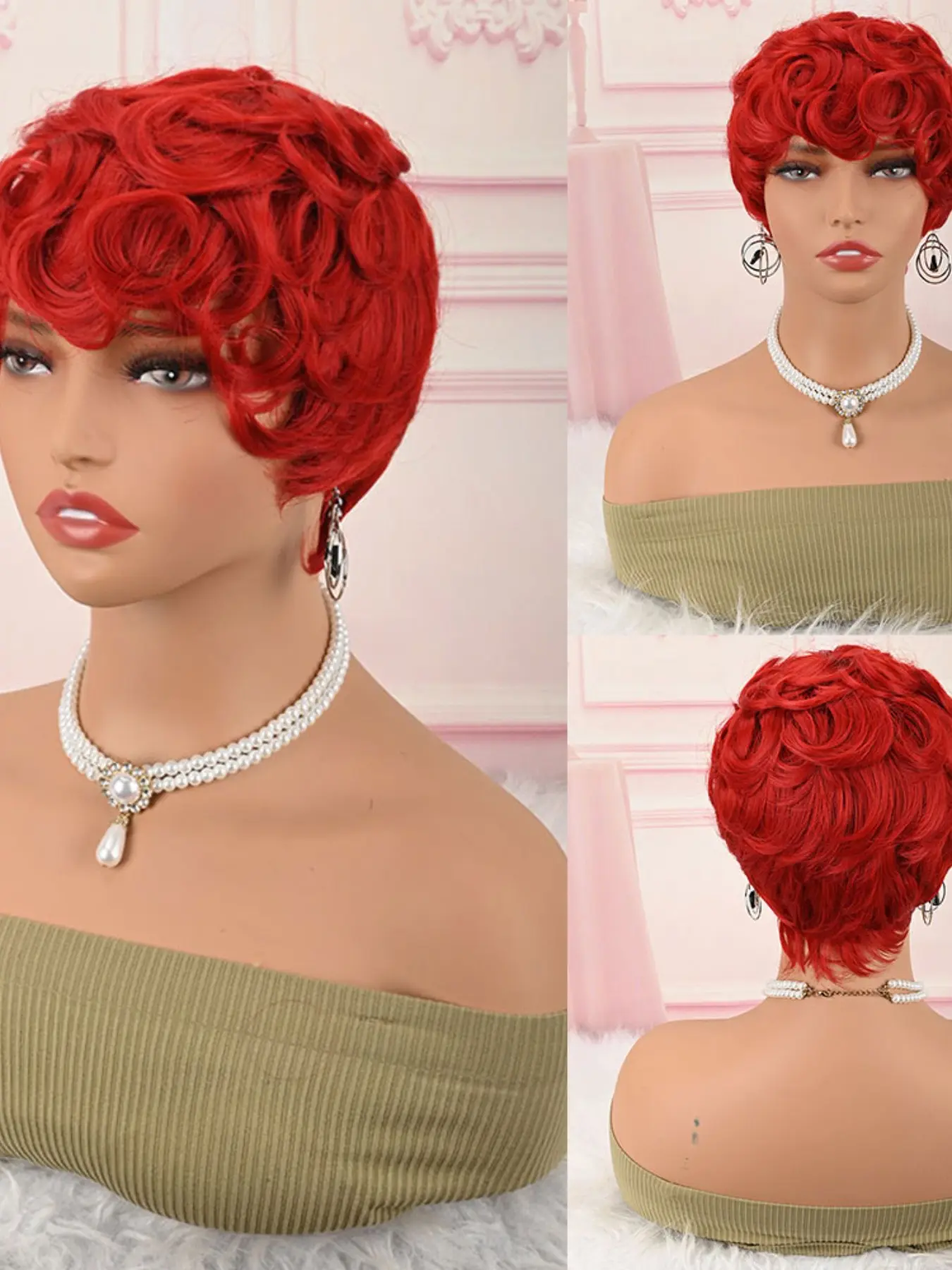 Bright Red Short Pixie Curly Synthetic Hair Wig With Curly Bangs High Temperature Fiber Full Head Wig For Women Daily Party Cosplay