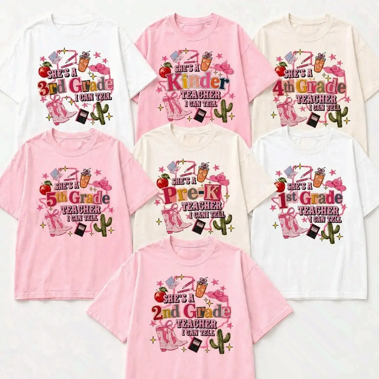 Oversized Tshirt Women She's A Grade Teacher I Can Tell Graphic Tee, Vintage Graphic Tees Western Cowboy Boot Apple Cactus Custom Grade Print Short Sleeve T Shirt, Casual Back To School Soft Loose Camisetas de Mujeres Graphic Tee