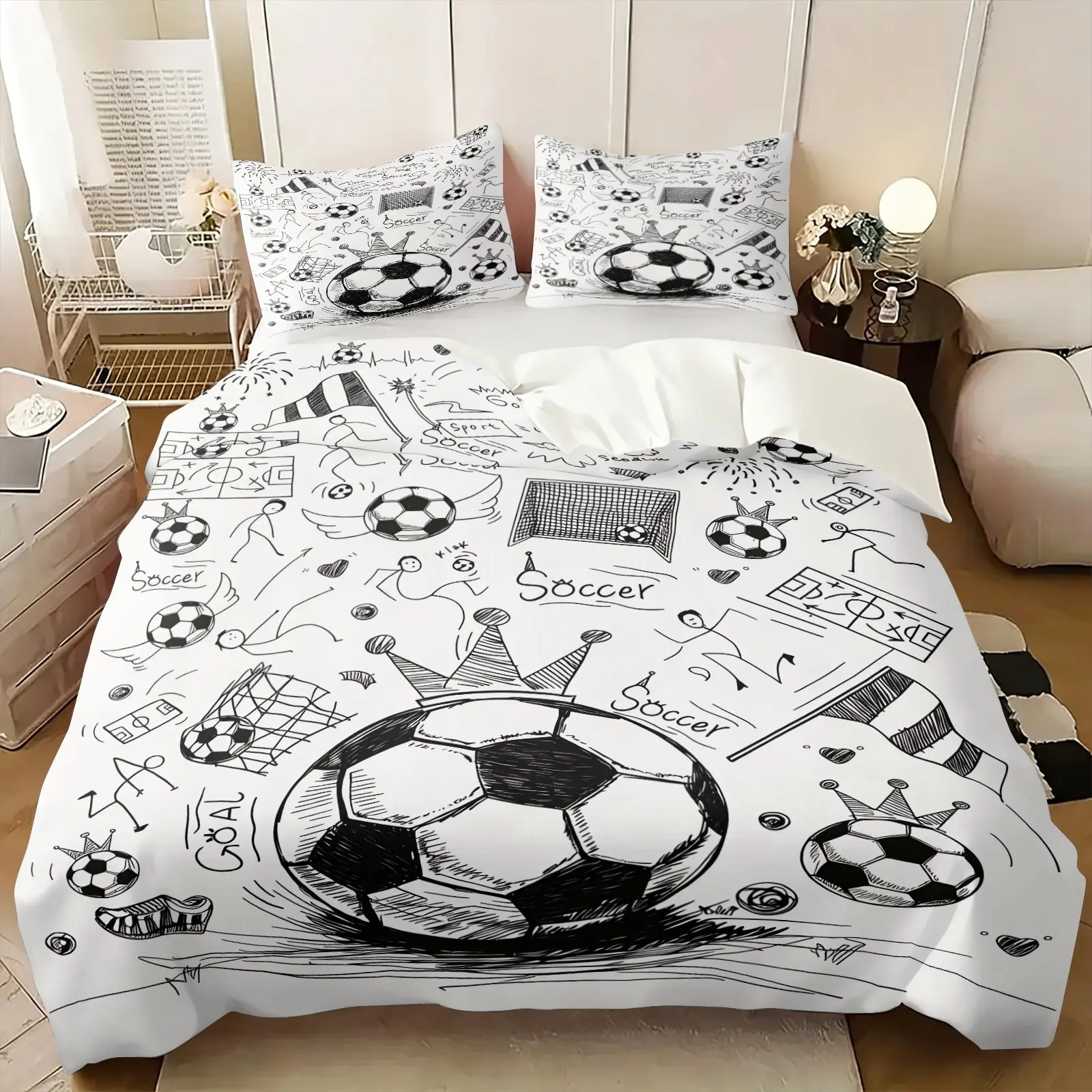 Black White Hand Drawn Soccer Doodle Decorative Duvet Cover Set, Include One Comforter Cover and 1/2 Pillowcases, Creative Football Stadium Element Quilt Cover, Soft and Comfortable, All Seasons Use, Bed Covers