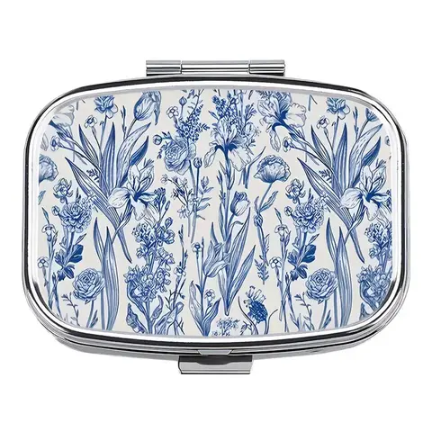 Blue Floral Pill Box with Mirror, Vintage Botanical Flower Print, Portable Pill Case, Medical Organizer, Double Compartment Travel Organizer, Jewelry Storage Box for Women