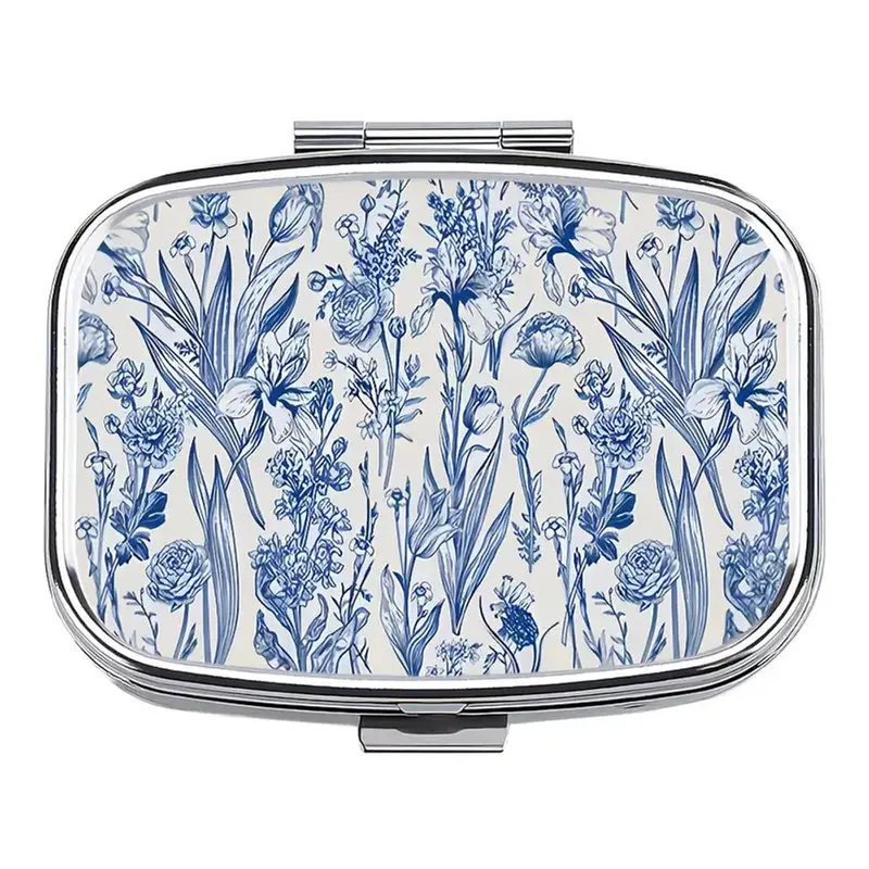 Blue Floral Pill Box with Mirror, Vintage Botanical Flower Print, Portable Pill Case, Medical Organizer, Double Compartment Travel Organizer, Jewelry Storage Box for Women