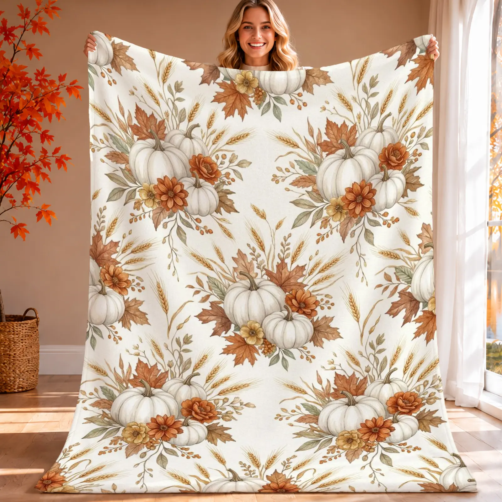 1pc White Pumpkin Floral Printed Throw Blanket, Soft Watercolor Farmhouse Style with Autumn Flowers Wheat and Maple Leaf All-Over Pattern, for Thanksgiving Couch Bed Living Room Bedroom Decor