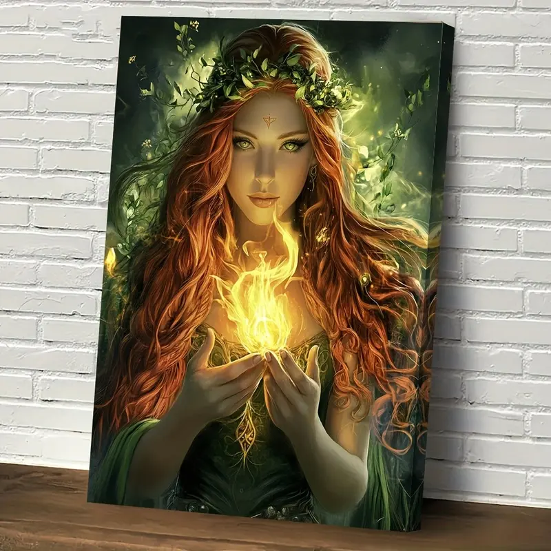 1pc Brigid Celtic Goddess of Fire and Spring Wall Art - Wood Framed Celtic Knot & Flame,  Canvas Print for Irish Mythology Decor, Bedroom & Living Room - Cultural Framed Picture, 2D Flat, Perfect for Room Decor