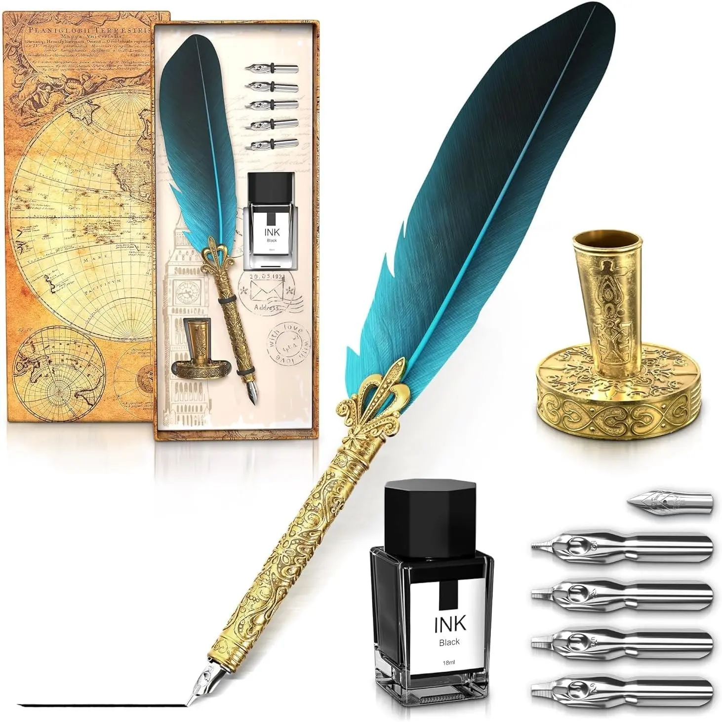 Vintage Feather Quill Pen and Ink Set, Blue Writing Drawing Tools with Stainless Steel Nib, Elegant Vintage Style Calligraphy Kit for Creative Hand Lettering