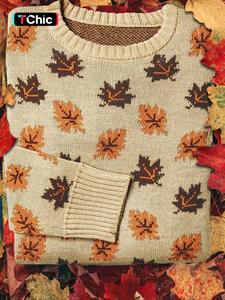 women's maple leaf print round neck sweater, casual chic long sleeve jumper for fall & winter, ladies' knitwear for daily wear