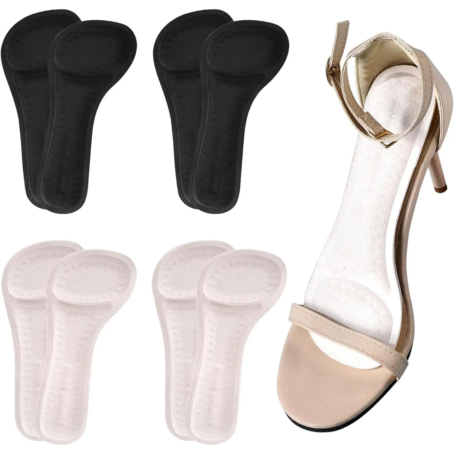 High Heel Inserts for Women, 3/4 Length Women Thin Shoe Insoles for High Heels, Pumps, Open Toes, Flats, and Sandals, Anti-Slip Gel Cushions for Pain Relief (4 Pairs, Black+Beige)