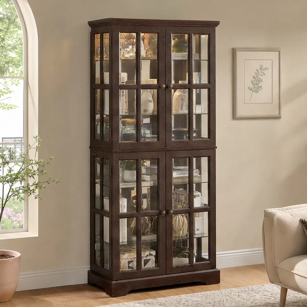 ARCH Antique Curio Display Cabinet with Glass Doors Adjustable Shelves for Collectibles, Four Door Vintage Showcase with Integrated Lighting, Cherry Acrylic Back Panel for Home Office Living Room, E26 Bulb Included, Cherry Color Options
