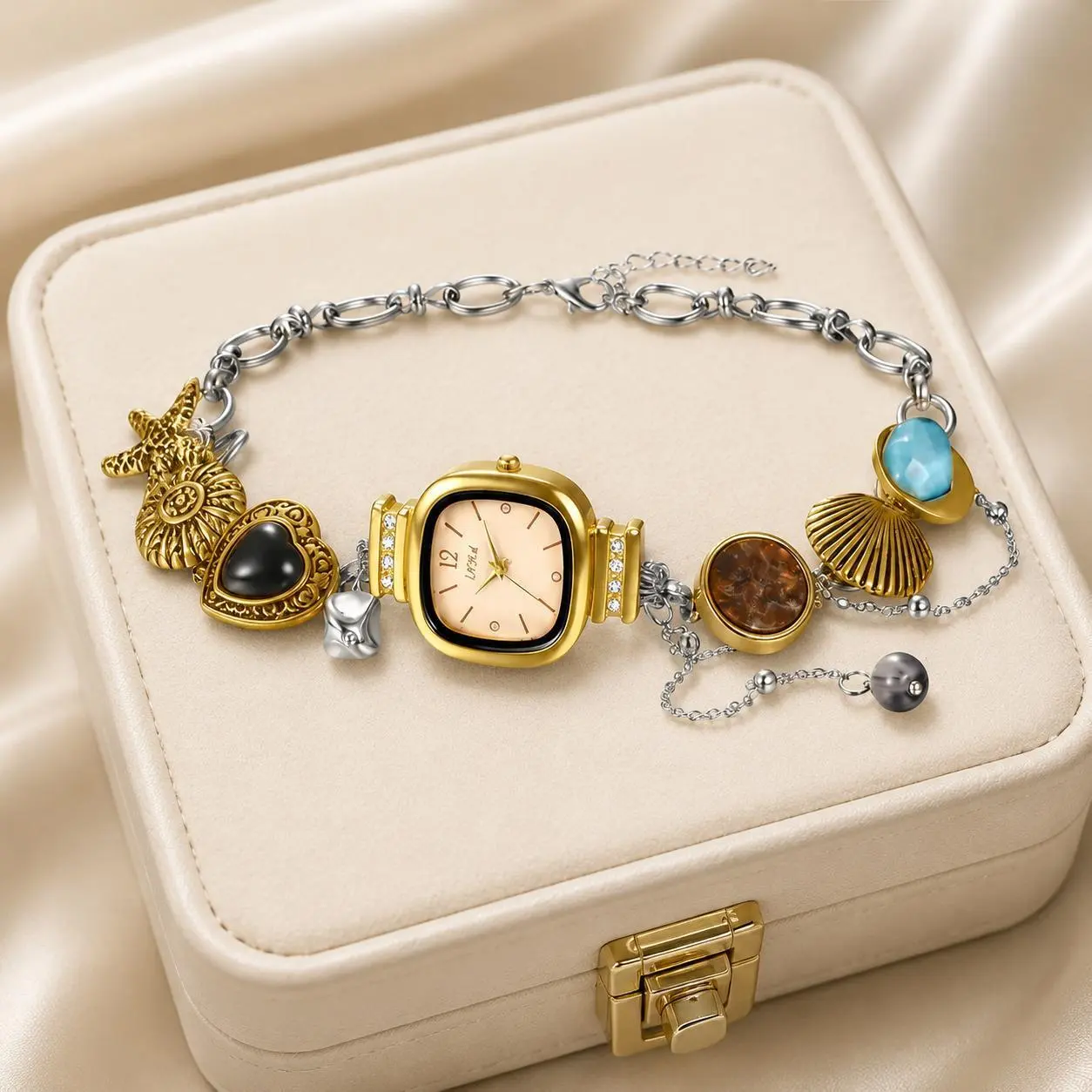 Women's Necklace Watch with an Ocean-Themed Square Dial, 2-Tone Stainless Steel Chain with Seashell & Starfish Imitation Gem Charms, Watches, Accessories For Women, Necklaces For Women
