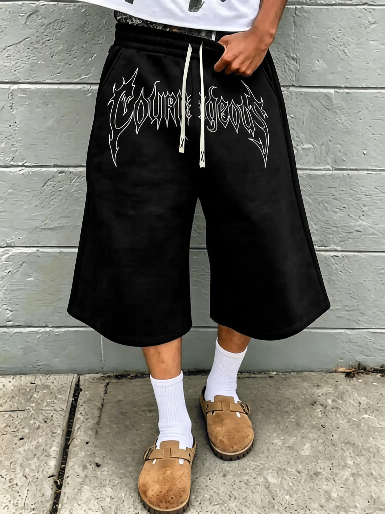 Men's Loose Gym Shorts Set, Drawstring Design, Gym Basketball Wear, Casual 7/8 Inch Shorts, Gothic Letter Print, Carnival Street Style