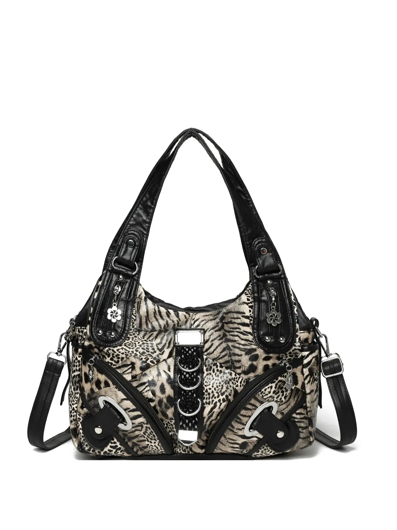 1pcRetro leopard print patchwork women's Embellished shoulder bag, woven metal ring decoration multiple zipper imitation leather handbag, Fashionable crossbody bag, large capacity detachable shoulder strap casual crossbody tote bag