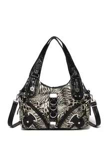 1pcRetro leopard print patchwork women's Embellished shoulder bag, woven metal ring decoration multiple zipper imitation leather handbag, large capacity detachable shoulder strap casual crossbody tote bag
