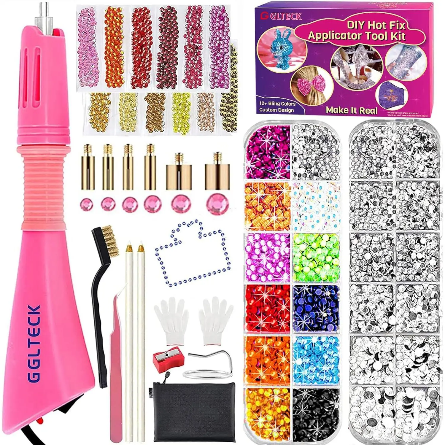 GGLTECK Hotfix Applicator Rhinestones - Hot Fixed Bedazzler Kit, DIY Hot Fix Rhinestone Applicator with 7 Different Sizes Tips, 5304 PCS Rhinestones, Tweezers Brush Cleaning Kit