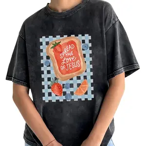 Unisex T Shirt Washed Cotton Oversized T-Shirt Spread The Love Of Jesus Watercolor Strawberry Toast Blue Gingham Short Sleeve Graphic Shirt
