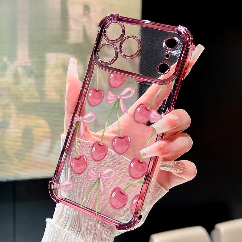 Cherry Bows Pattern Four Corner Anti-Fall Phone Case Transparent Electroplated Protective Cover for iPhone 17 Air 16 E Pro Max 15 Plus 14 13 12 11 X,Samsung and other series models, can be given as a holiday gift to friends or family