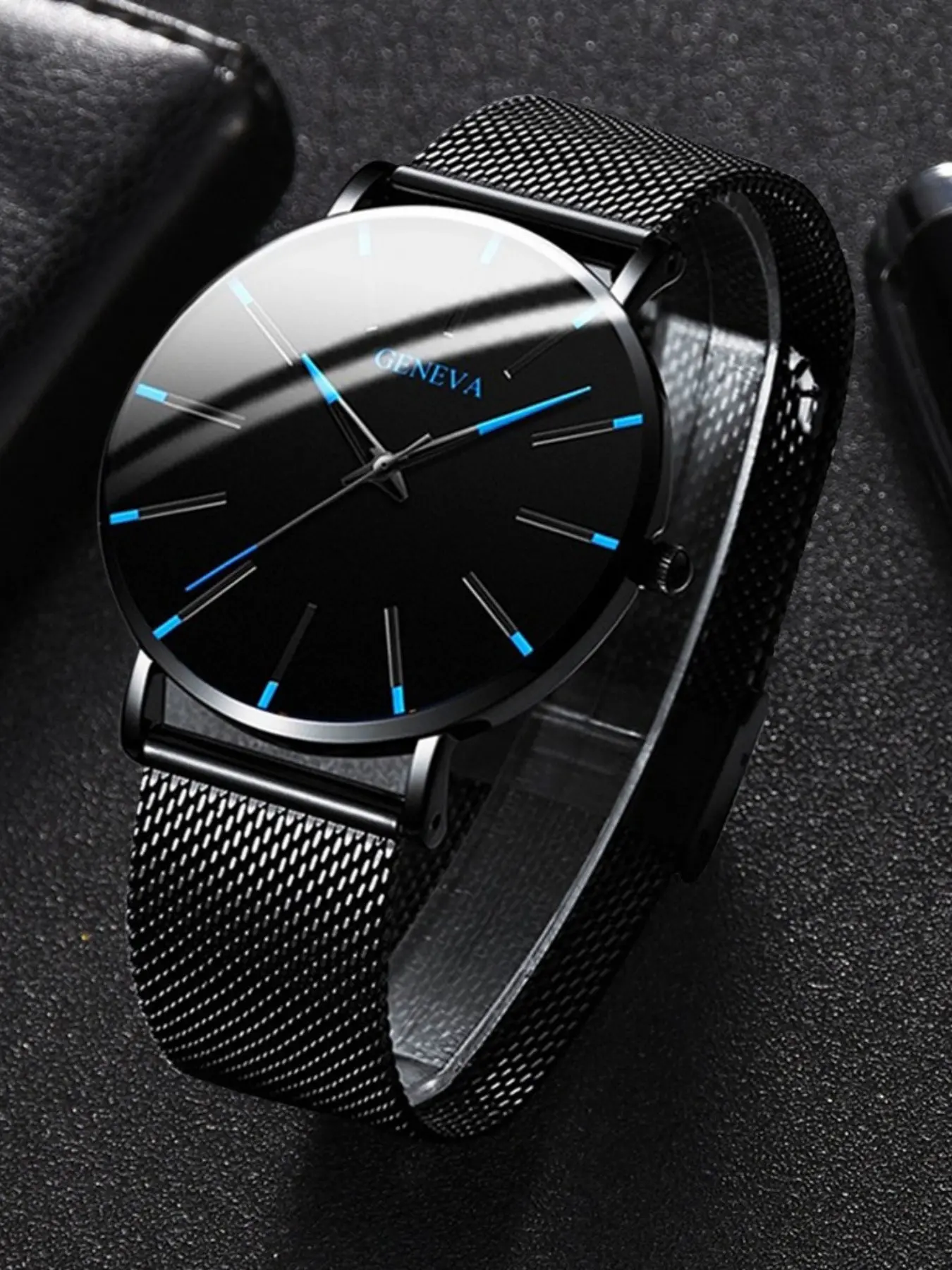 Men's Geneva Mesh Watch, Analog Quartz Watches, Premium Minimalist Style, Dial with Blue/ Hands, Ideal Gift for Boyfriend, Father, Birthday, Anniversary