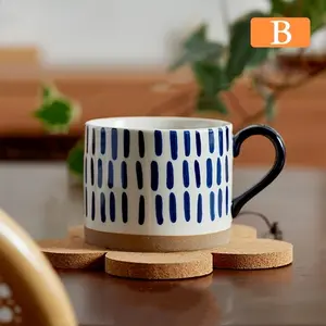 Hand-Painted Indigo Abstract Ceramic Mugs, 4 Unique Navy Blue Patterns Raw Clay Base Large Coffee Tea Cup with Curved Black Handle, Microwave Dishwasher Safe Rustic Drinkware for Home Kitchen Desk