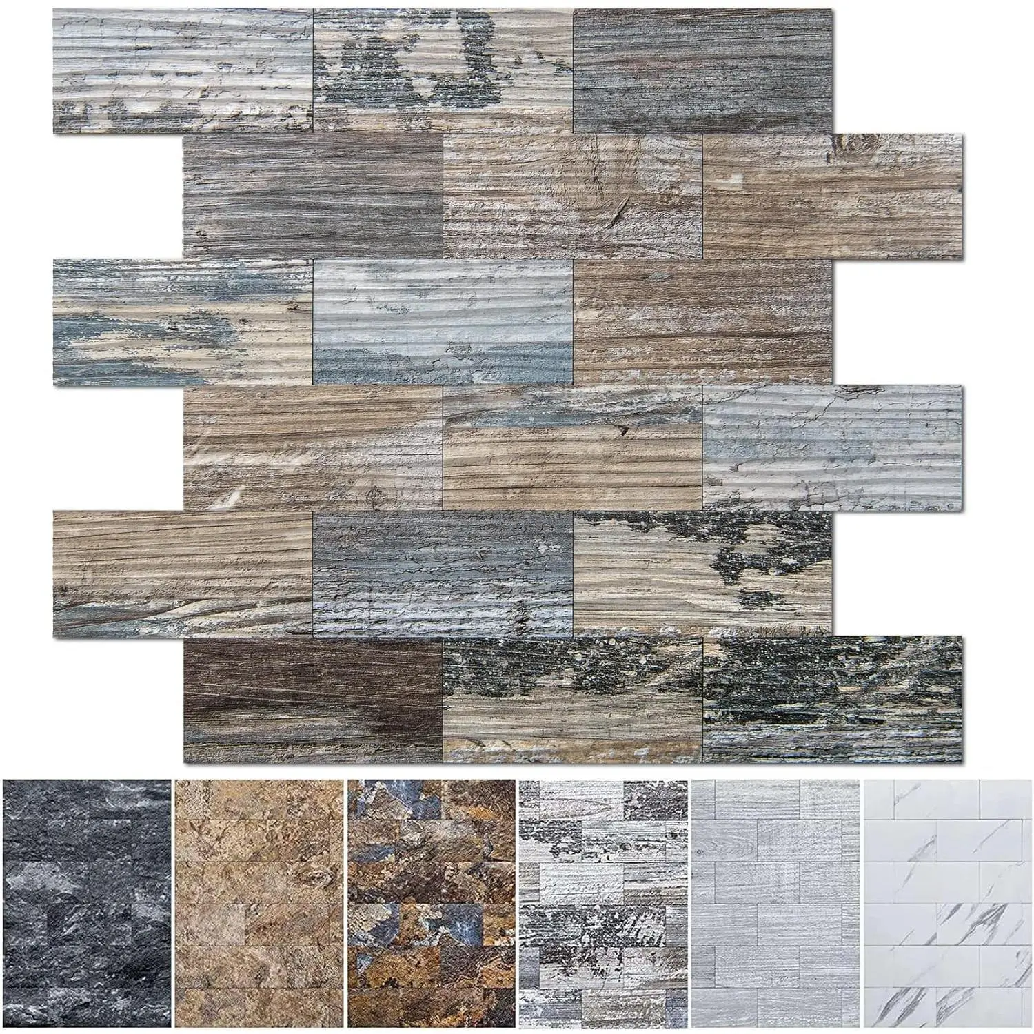 10-Sheet Peel and Stick Backsplash PVC Wall Tile, Stickon Tile for Kitchen Backplash, Bathroom Vanities, Fireplace Decor, Laundry Table, Stair Decals in Spruce Grey Rustic, Plastic-Sheets