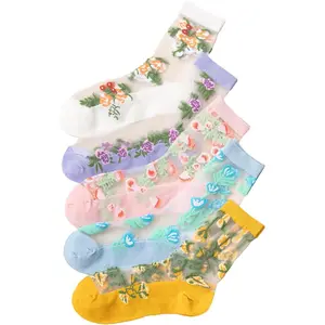 Women's 4 Pairs Sheer Mesh Flower Patterned Thin Casual Crew Socks Transparent Cute Summer Socks