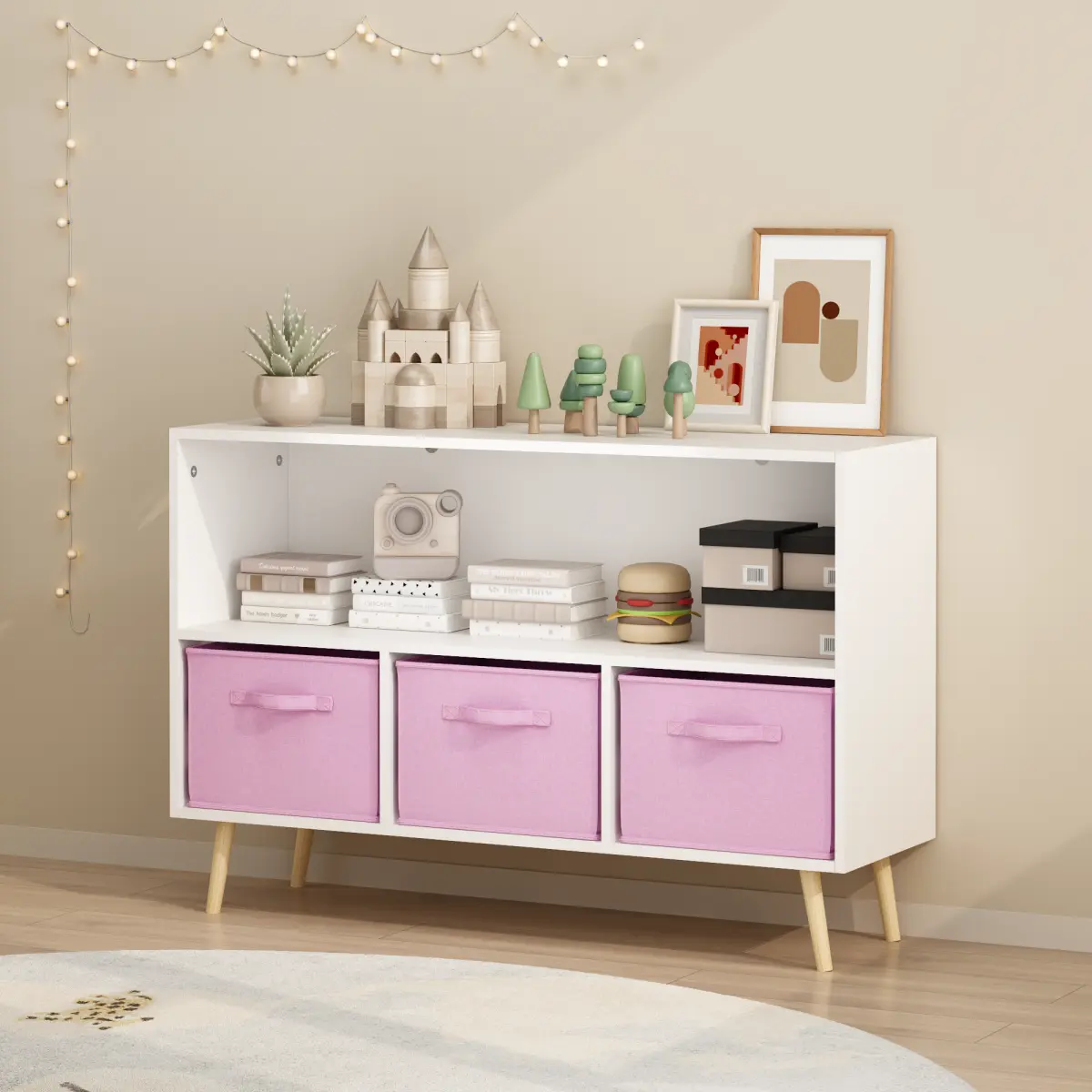 MDF Board Rectangular Bookcase with Collapsible Fabric Drawers, Wall Buckle, Book Display, Toy Storage Cabinet Organizer, White/Pink