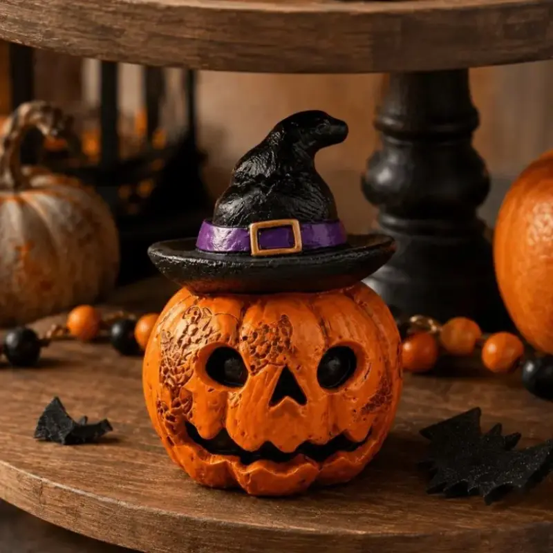 1Pc Spooky Halloween Pumpkin Decoration Collection, Witch Hat Pumpkin Ornament, Small Desktop Decor for Halloween Parties, Bookshelves, Desks, Fireplaces，Halloween Desktop Shelf Fireplace Decor