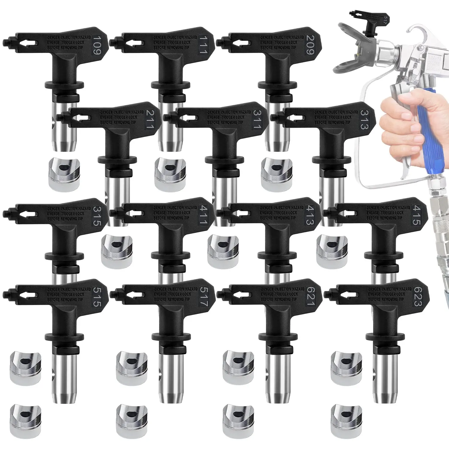 Set of 14 Interchangeable Spray Tips for Airless Paint Sprayers, Paint Sprayer Accessories, Compatible with Various Models (109, 111, 209, 211, 311, 313, 315, 411, 413, 415, 515, 517, 621, 623)