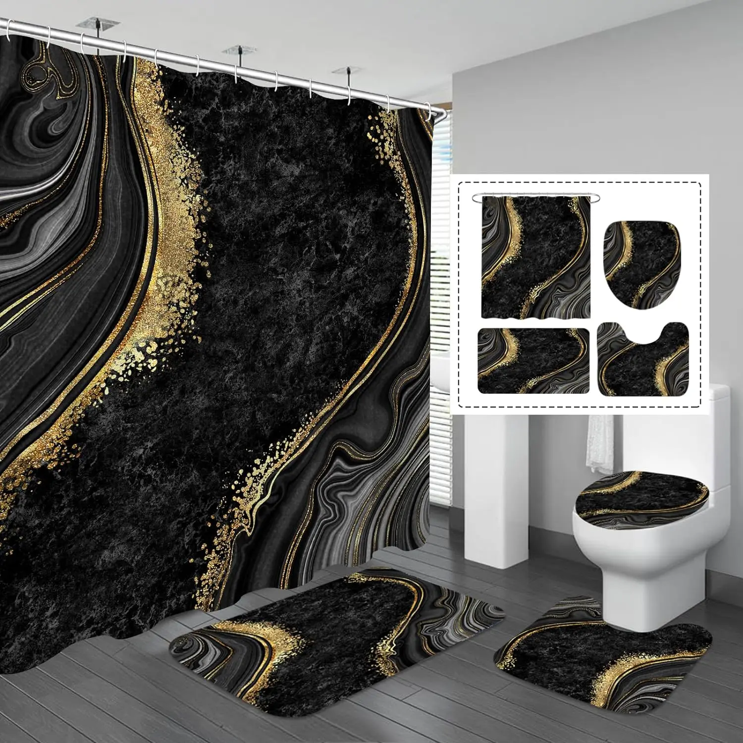 4 Pcs Luxury Marble Shower Curtain Set with Non-Slip Rugs, Toilet Lid Cover and Bath Mat, Black Gold Bathroom Decor Set with Shower Curtain and Rugs and Accessories