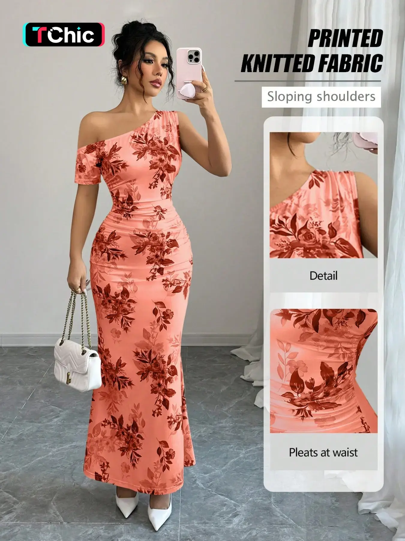 New Women's Long Asymmetric Shoulder Waist Ruched Design Fish Tail Skirt Dress, Floral Elegant Party Date Dress, Slimming High-Rise Dress