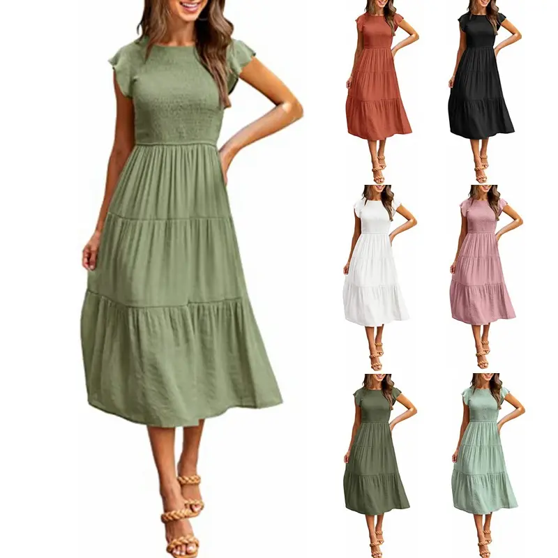 2026 Women's Fashion Hot Item: Flutter Sleeve Ruched Layered Short Sleeve Flared Dress