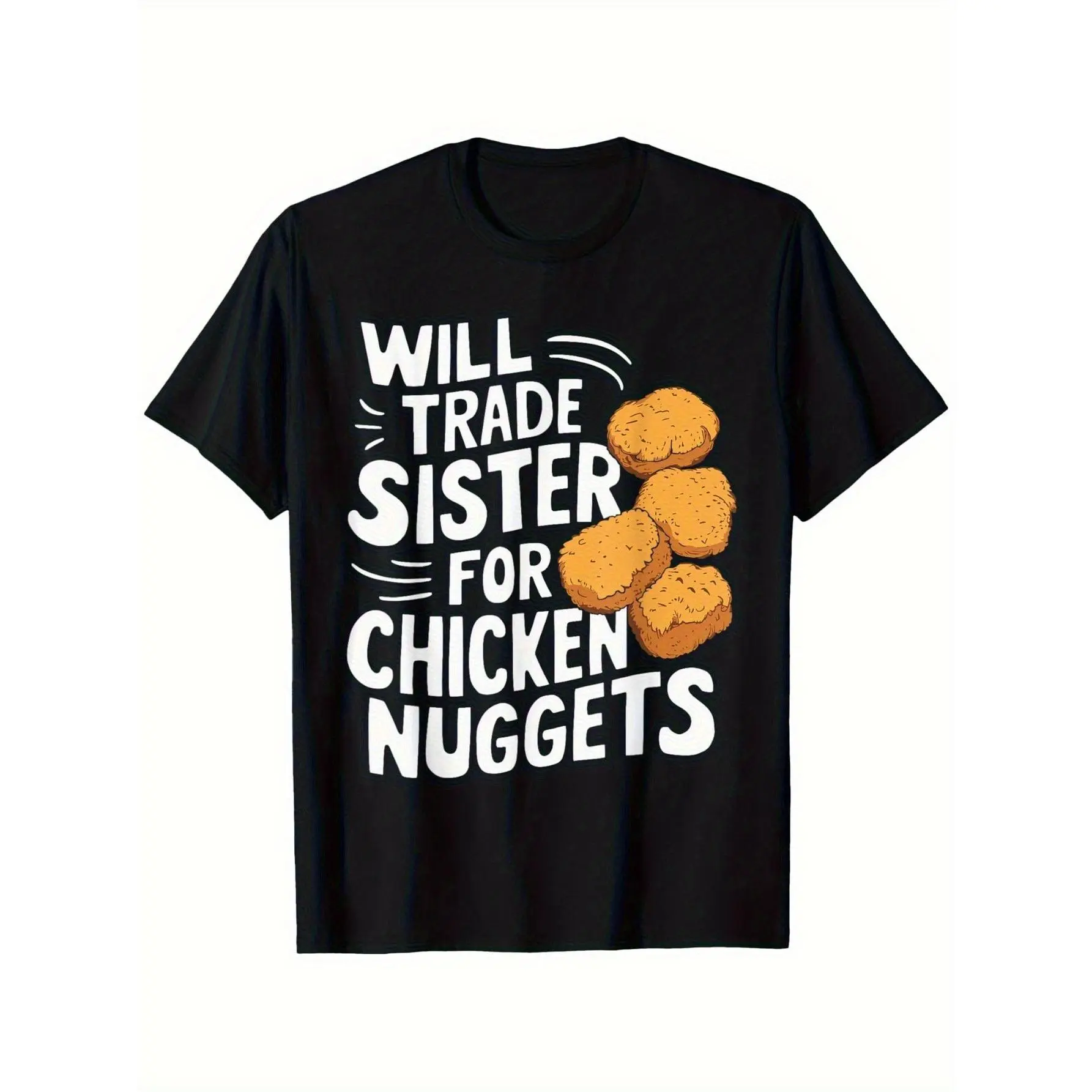 Women's Embroidered Cropped Casual T-Shirt - Funny "Will Trade Sister for Chicken Nuggets" Print, Soft Breathable Shortsleeve Crew Neck, Summer Gym Versatile Top Gift for Girls