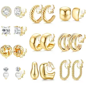 10 Pairs Clip On Earrings for Women Non Pierced Ears CZ Pearl Knot Twist Chunky Hoop and Studs Earring Set Ear Clips Jewelry 14K Gold PlatedGift.