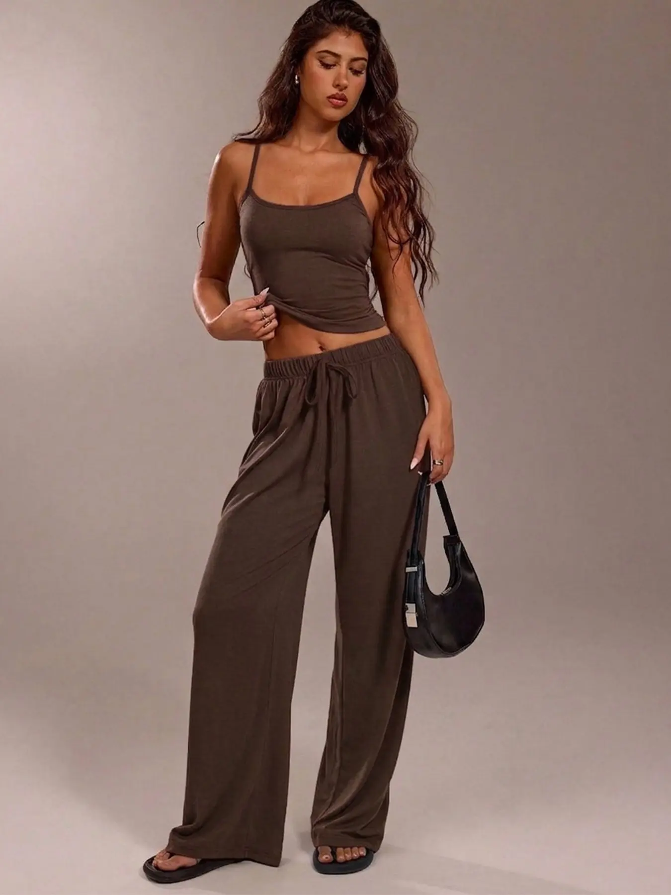 Women's 3 Piece Spaghetti Strap Loungewear Set, Pajama Set, Square Neck Cami Top, Wide Leg Drawstring Pants, Casual Sleepwear, Fashion Sleepwear, All Seasons