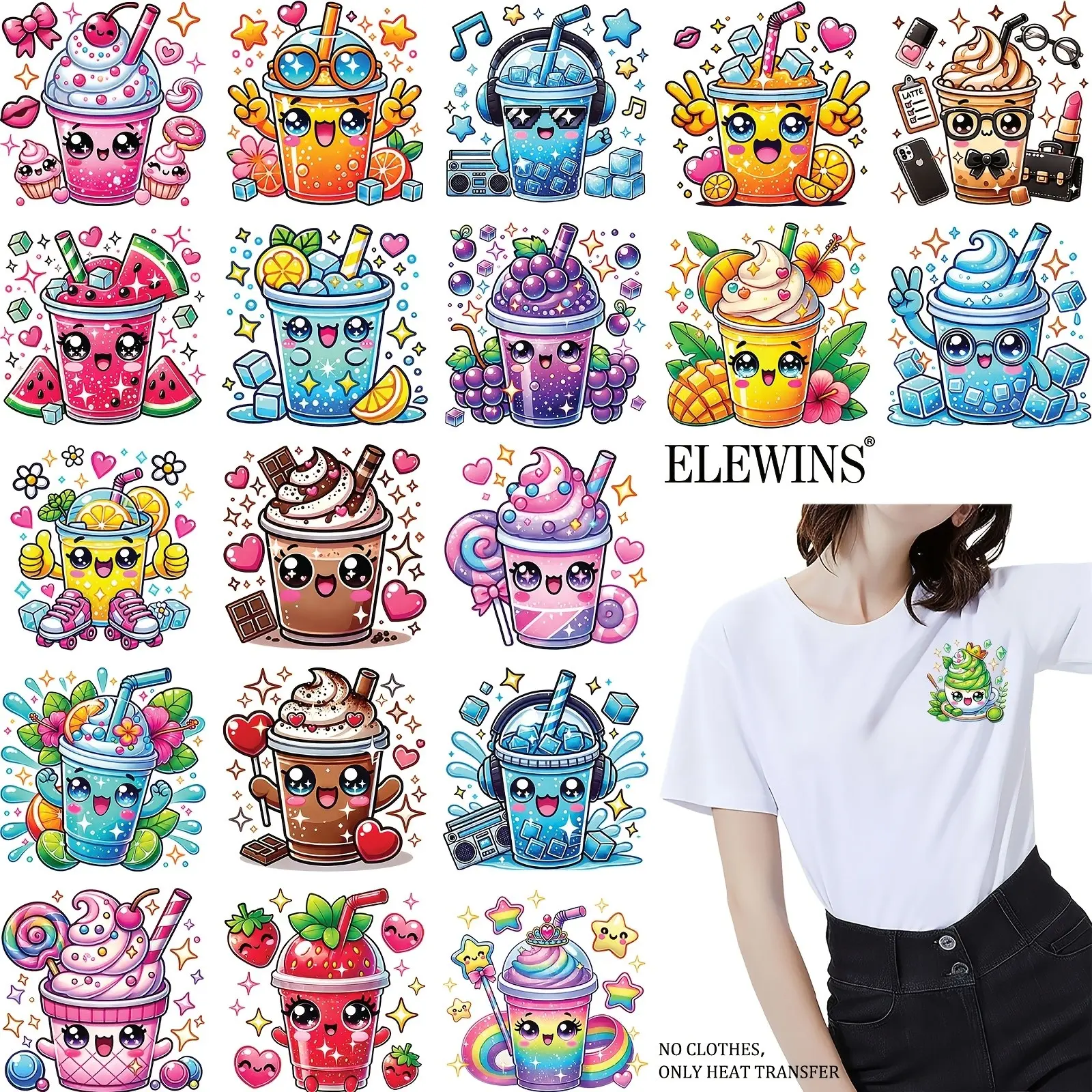 36pcs Watercolor Cartoon Milk Tea Heat Transfer Stickers, DTF Gold Print Paper for T-Shirts, Hoodies, Jeans, Backpacks, Pillows