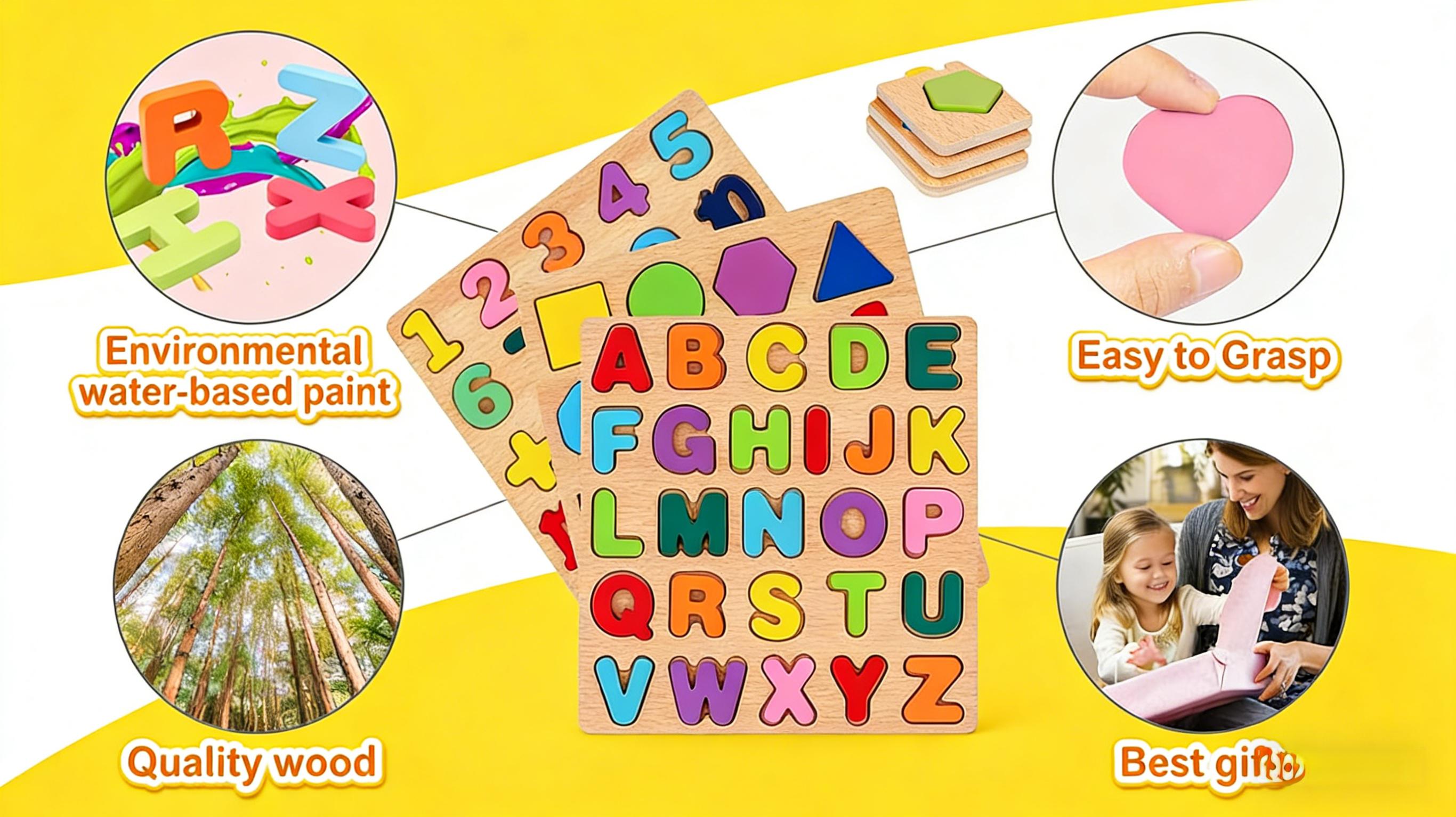 Wooden Puzzles for Toddlers,3 Pcs Alphabet Puzzle ABC Shape Number Puzzle(Alphabet, Number & Shape), Learning Toys for Kids, Preschool Educational Activities Toddler Gift Toys for Girls Boys Christmas Valentines Easter
