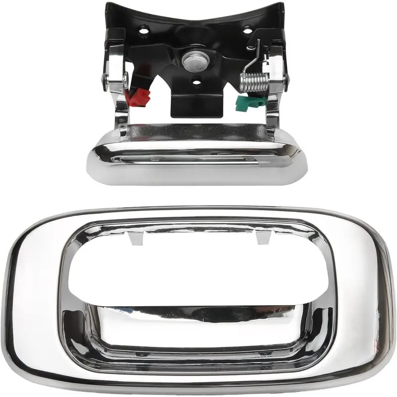 Tailgate Door Handle & Bezel Lock Set, Compatible with 1999-2007 Chevy Silverado GMC Sierra 1500 2500 3500, Chrome Exterior Rear with Rod Clips |   Replaces #   15997911, 15228539, 15228541, 15228540