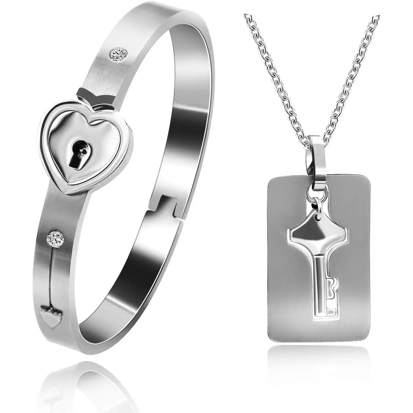 Rose  Plated Titanium Matching Puzzle Couple Heart Lock Bracelet and Key Pendant Necklace for Men and Women