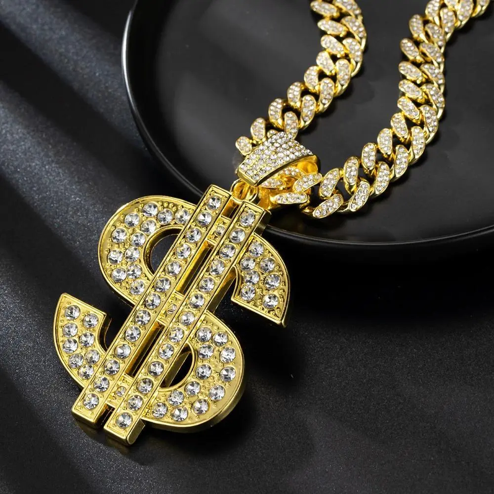 Male Fashion Hip Hop Dollar Sign Pendant Necklace with 13mm Cuban Chain, Rap Rock Punk Costume Jewelry, Man Gift, 50Cm Cuban Chain-G, Chain & Link