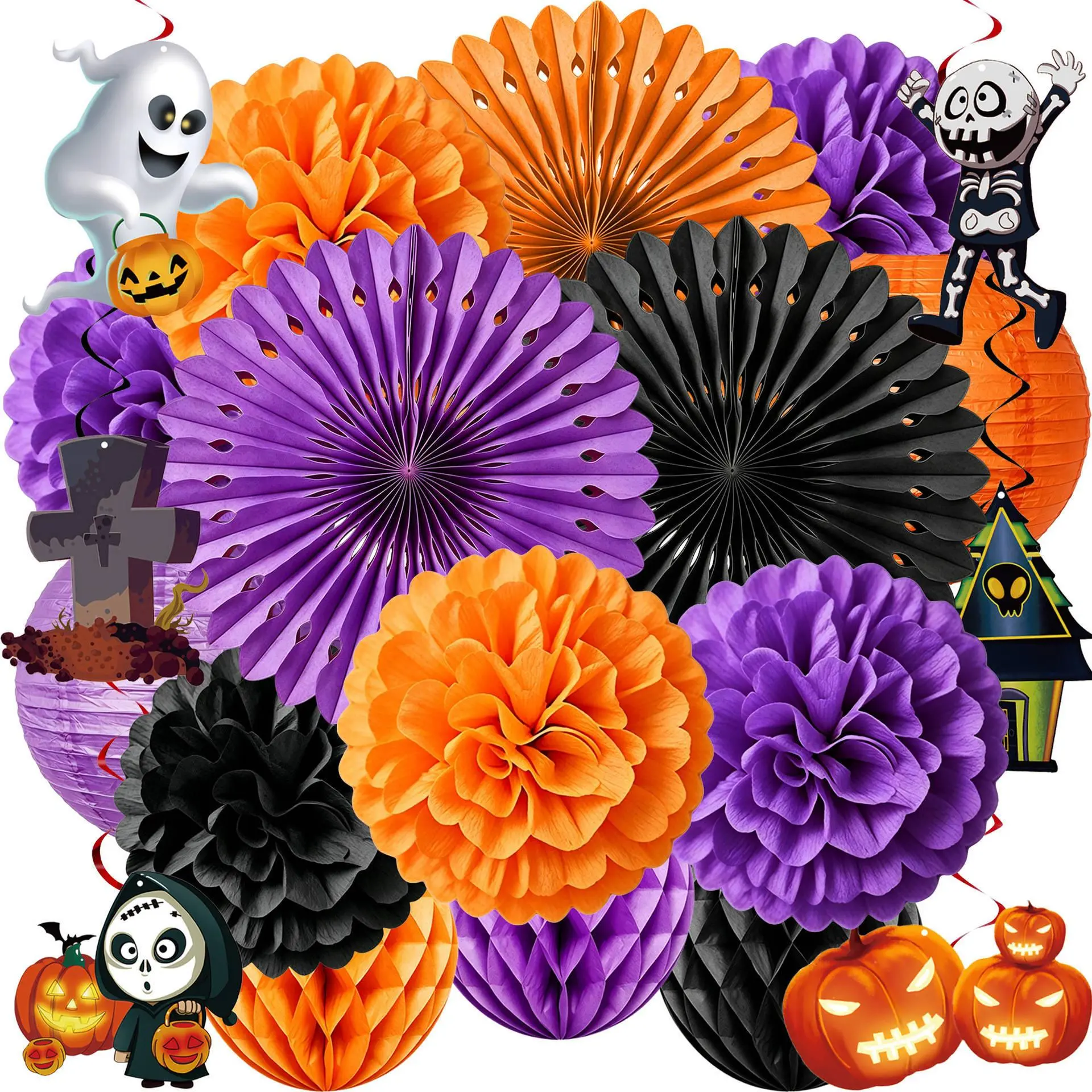 Halloween Party Decor Set – Pumpkin Paper Fans, Spiral Hanging Lanterns & Pom Poms, Spooky Ceiling Wall Decoration Kit for Indoor Outdoor Haunted House
