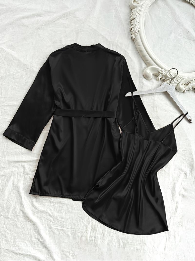 Women's Solid Belted Satin Pyjama Two-piece Set, Long Sleeve Cami Night Dress & Robe Pj Set, Women's Sleepwear for All Seasons