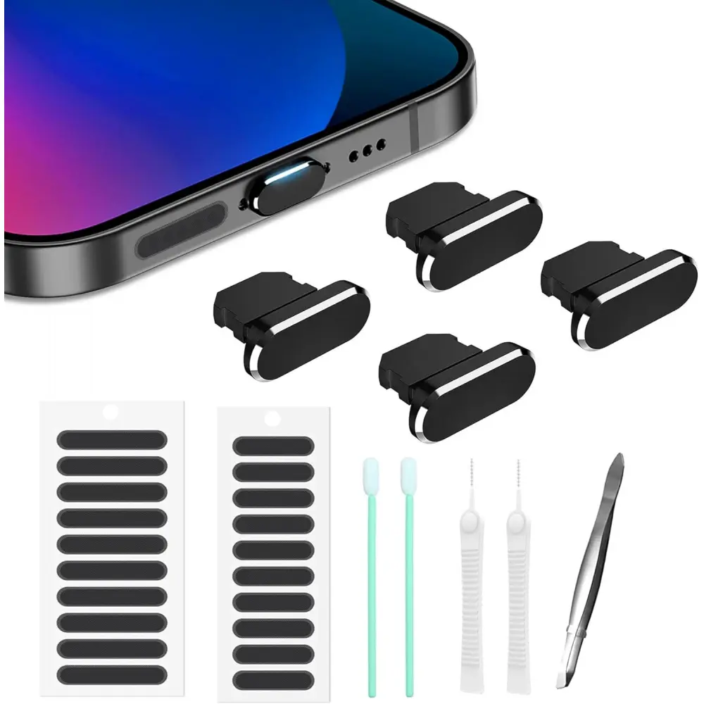 Aluminium Handheld Smartphone Dust Plug Accessories - Lightning Port Dust-Proof Cover, Charging Port & Speaker Protector for iPhone Series, Wireless Devices (Black), Protective Protection Cellphone