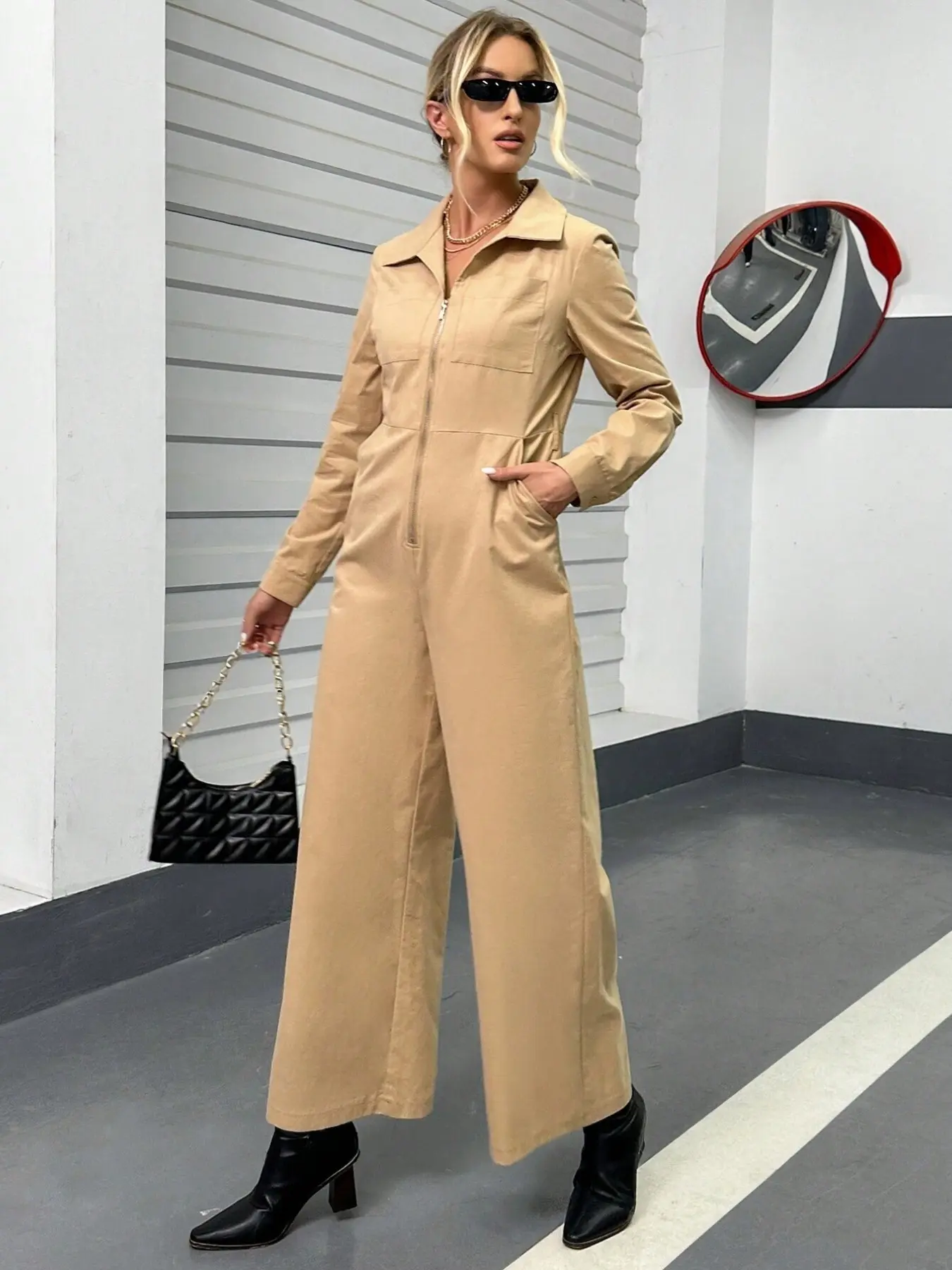 Women's Lapel Long Sleeve Front Zipper Overall, Chest Pocket Side Pockets Wide Leg Workwear Jumpsuit, Casual, Stylish and Functional