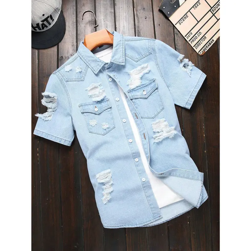 Men's Classic Collared Retro Chic Ripped Light Blue Vintage Washed Short-Sleeve Button-Down Breathable Cotton Blend Patch Pocket Preppy Streetwear Casual Overshirt for Summer, Party