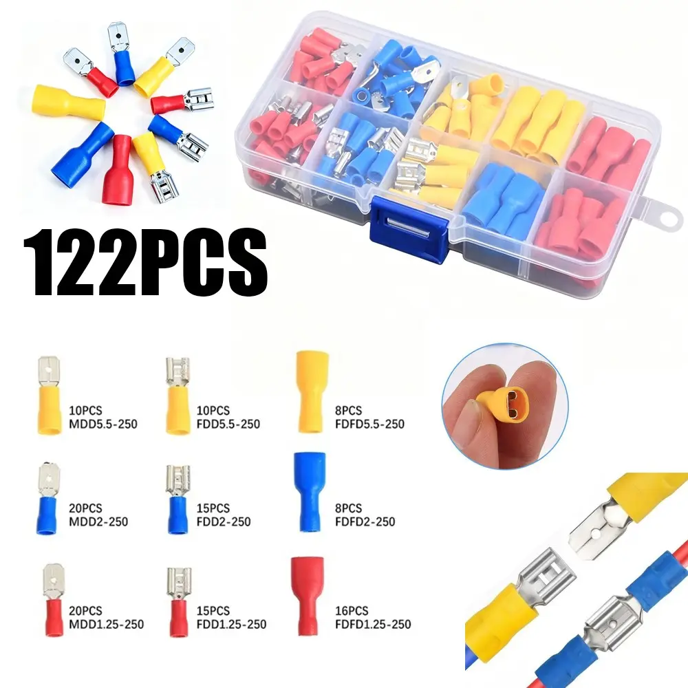 122pcs Boxed Awg22-10/0.5-6.0mm² Wire Crimp Connectors Kit, Various Spade Male Female Terminal Lugs, Electrical Wiring Accessories