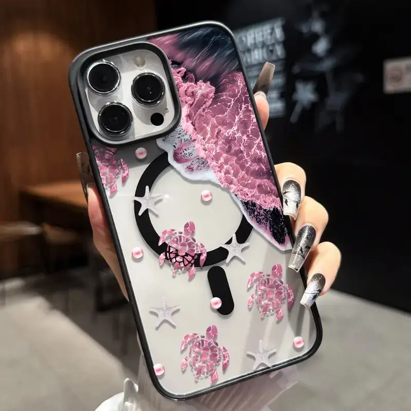 MagSafe Charging Smartphone Casing - Pink & Black Marble-Turtle Pattern, Anti-Drop Anti-Slip Phone Accessories for iPhone 18/17/16/15/14/13/12/11 Series Handheld Devices, Giftable for Loved Ones