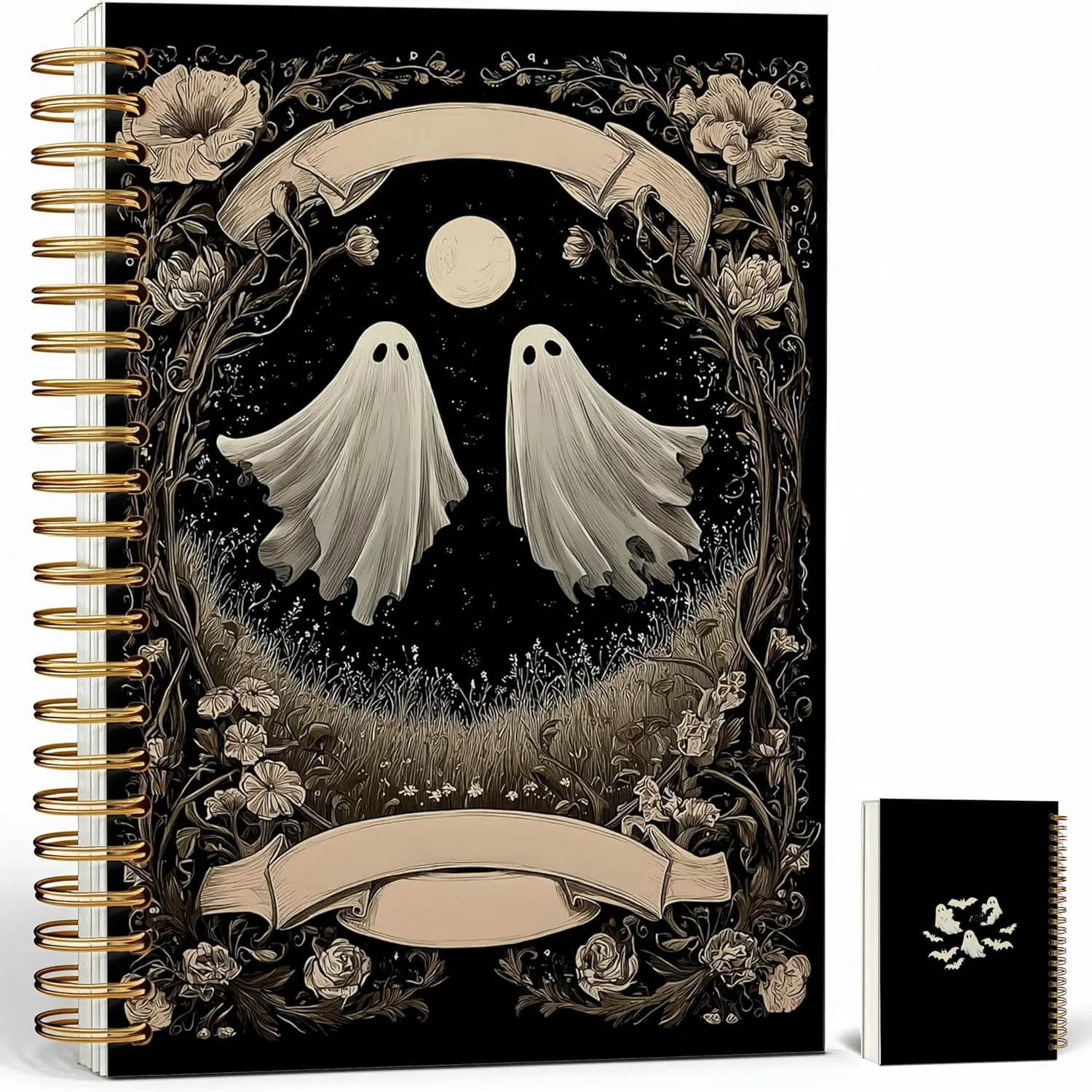 Women's A5 Spiral Notebook Journal - Dark Romantic Wildflowers Forest Design, 160 Pages Ink Resistant Lay Flat, Dark Academia Aesthetic Journaling Supplies, Gothic Office School Gift for Women Birthday Christmas (Ghost2)