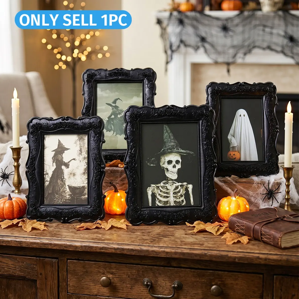 Halloween Decor Baroque Floral Rectangular Frame, European Relief Resin Standing Display, Gothic Photo Frame, Vintage Style Picture Frame