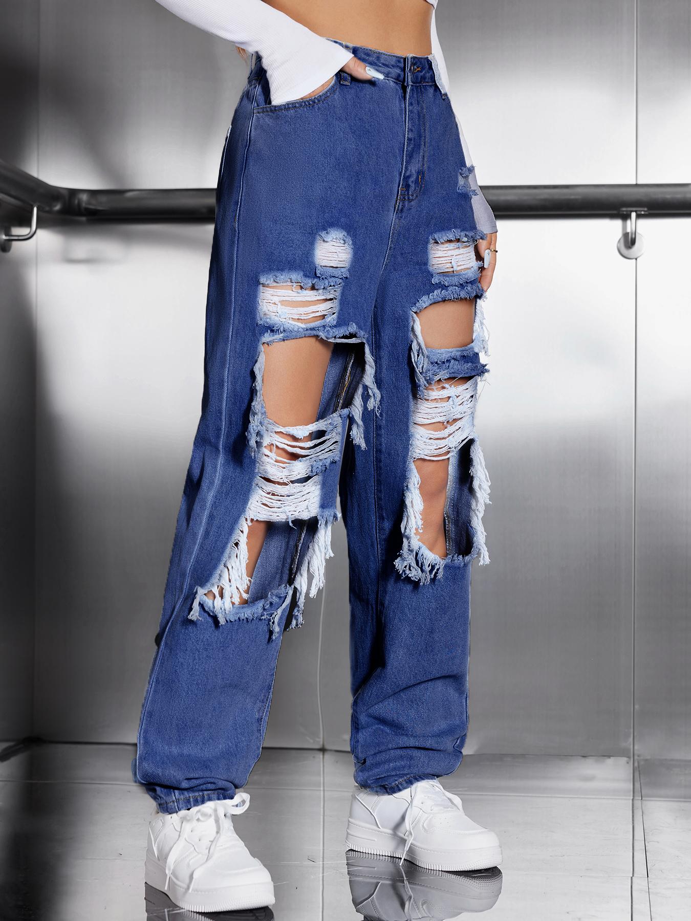 Women's High Waist Ripped Jeans, Fashion Casual Style Distressed Straight Leg Denim Pants, Destroyed Hole Jeans, Lady Bottoms for Daily Wear Streetwear