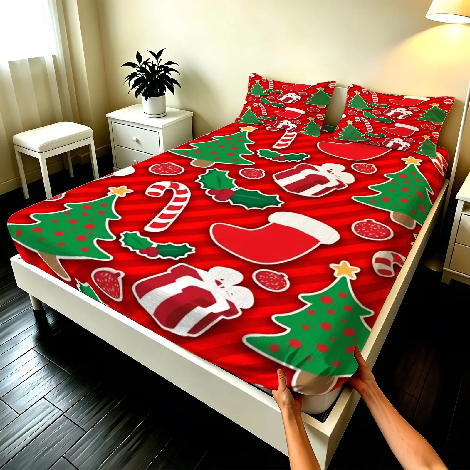 3pcs Fitted sheet Christmas Holiday Pattern Soft Microfiber Bedding Set, Wrinkle Resistant Fade Proof Breathable Comfortable Bed Cover Set for Twin Full Queen King Size Home Bedroom Decor