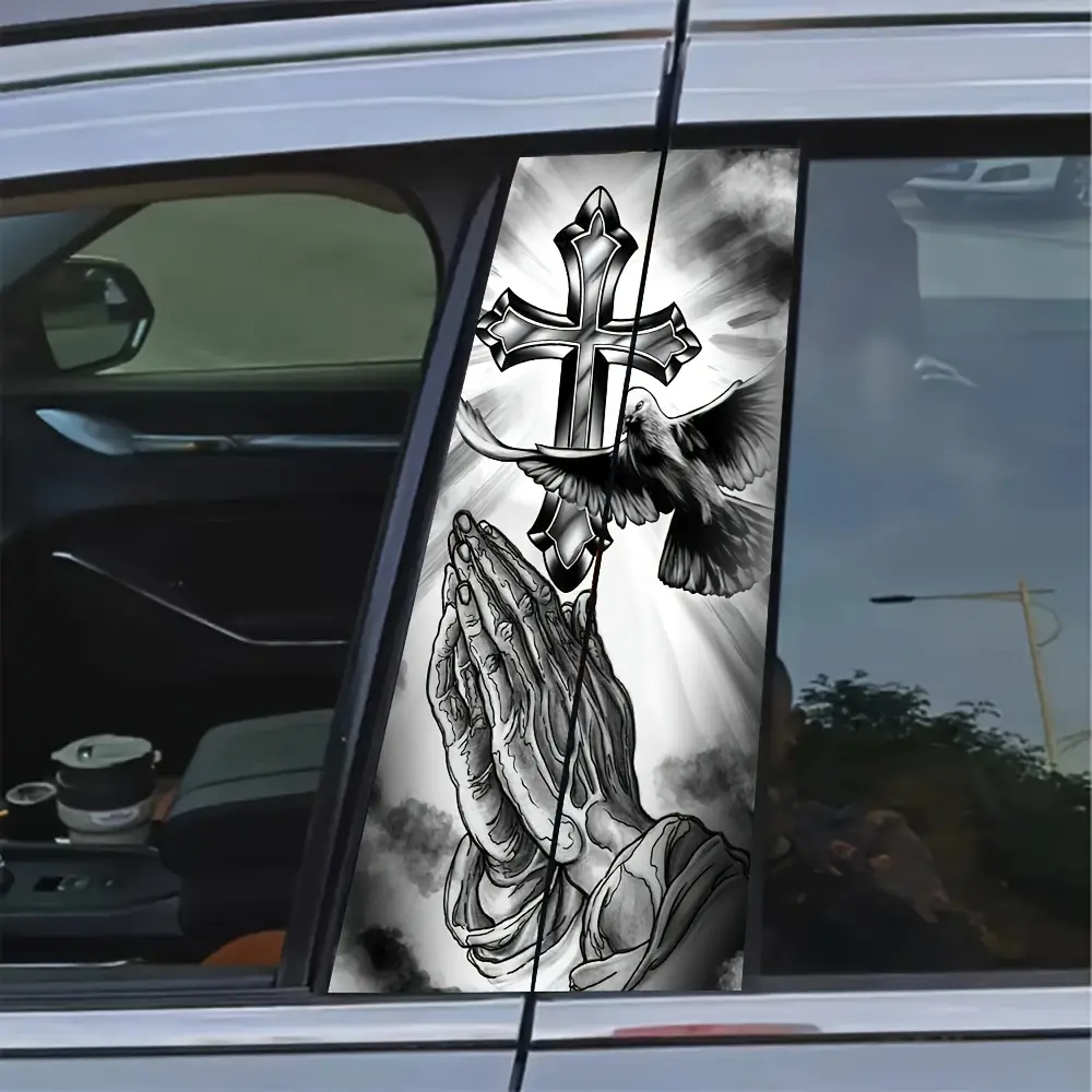2pcs Prayer Hands and Cross Vinyl Car Decals, Waterproof B-Pillar & Door Stickers with Religious Dove Design, Durable Scratch-Resistant Material for Vehicle Protection on Windows and Smooth Surfaces | Single Use, Spiritual Decoration